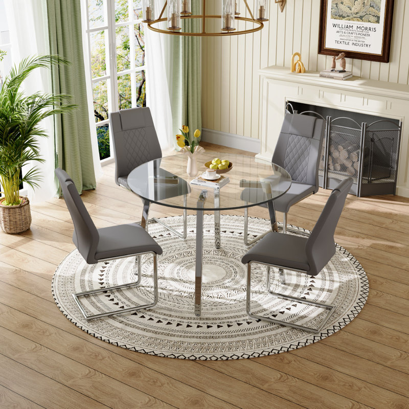 Glass Top Dining Set, 5, Gray/Silver, Silver