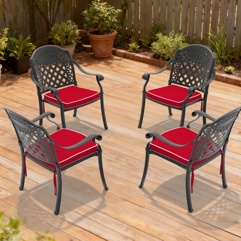 Chaise de patio de 4 coussins rouges en aluminium moulé, motifs magnifiquement pétales, finition haute température, sièges confortables avec design ergonomique, option de rangement empilable, toutes saisons