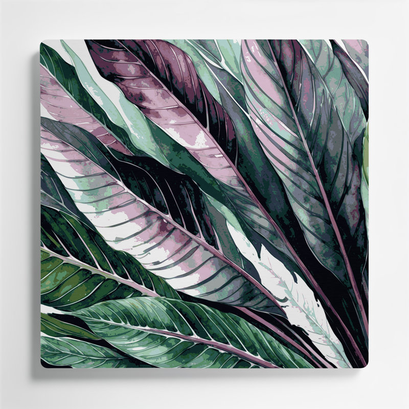 Art mural botanique en métal gris Calathea, H 16 po x l 16 po