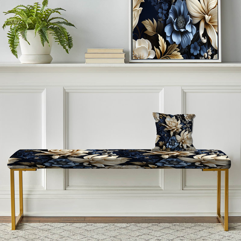 Toler - Floral Upholstered Gold Bench, Deep Blue And White Daisy Flower III 