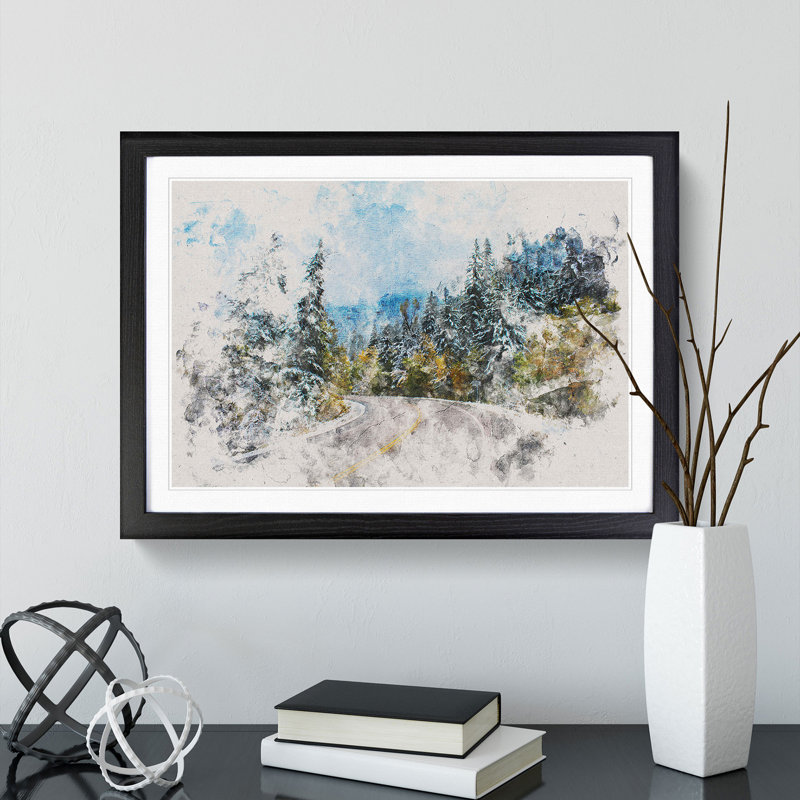 Winter Forest Road Watercolour - Single Picture Frame Print on MDF, 45cm H x 63cm W x 2cm D, Black Framed