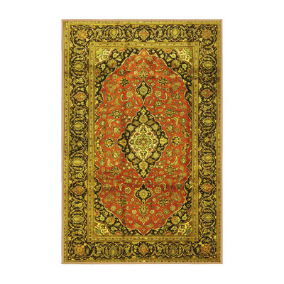 Tapis oriental en polyester / chenille jaune / orange / brun tissé à la machine