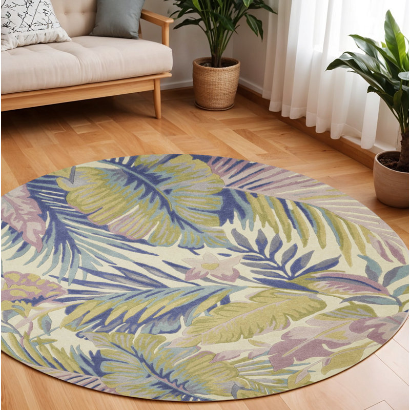 8' Green Pink And Purple Wool Tropical Botanical Hand Tufted Round Rug