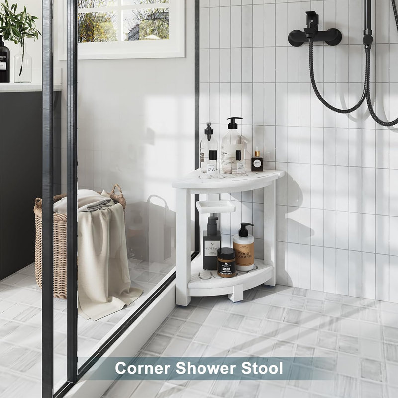 Tabouret de douche en coin, banc de douche en PEHD pour l'intérieur de la douche (blanc) | Petit siège de douche pour se raser les jambes, avec tablette de rangement