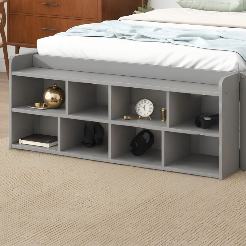 Lit double avec tête de lit bibliothèque, tiroirs de rangement sous le lit et boîte de rangement au pied du lit, modèle gris, fonction de rangement riche, pratique et magnifique.