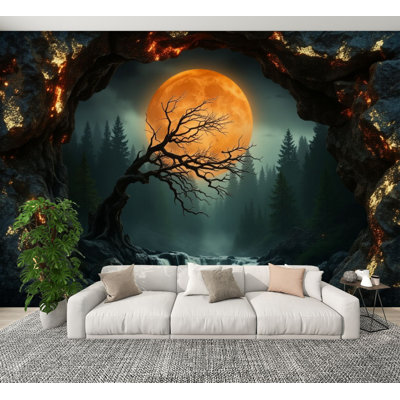 Papier peint adhésif peler et coller lueur d'orange pleine lune encadrée avec cascade d'arbres torsadés H 100 po x l 144 po, papier mural amovible en PVC pour décoration de chambre à coucher, bureau à domicile