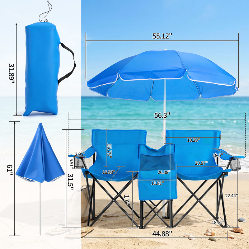 2-Person Outdoor Fishing Lawn Chair With Removable Canopy Umbrella, Blue