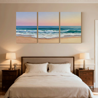 Nautique et plage, vagues de l'océan, coucher de soleil, ciel, sable, horizon de l'eau, ensemble de 3 impressions sur toile