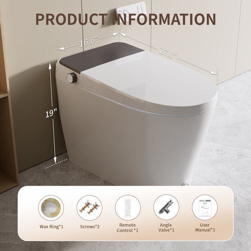 Smart Toilet with Bidet Wash Auto Sensor Flush Kick Flush Heated Seat Warm Wash(Remote Included), 12", Black