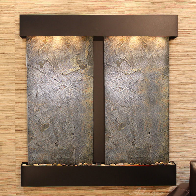 Aspen Falls Wall Fountain with Light, Blackened Copper, Green Feather