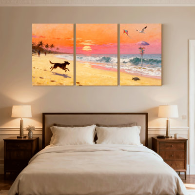 Plage, coucher de soleil, chien, course, palmiers, maître nageur, tour, mouette, cerf-volant, ensemble de 3 impressions sur toile