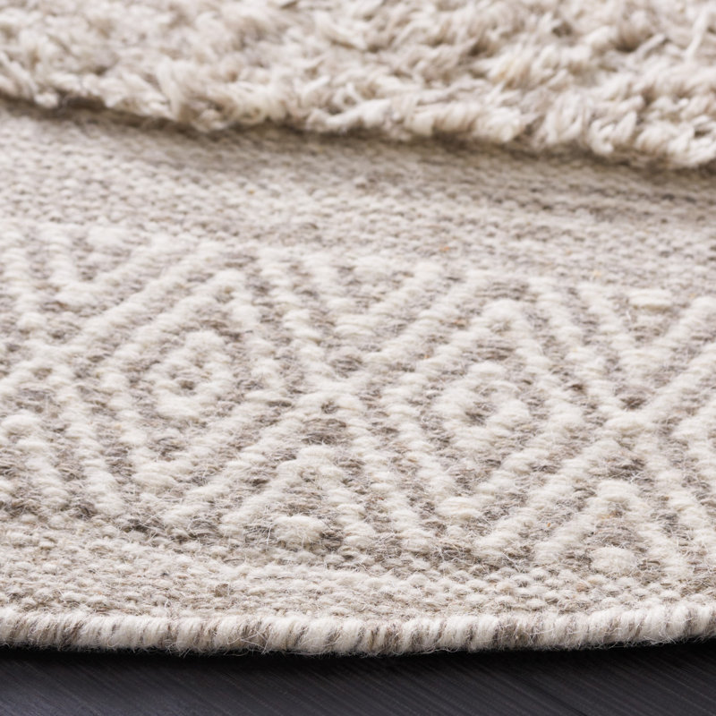 Tapis rayé en laine / coton tissé à la main Vermont beige / gris, Rond 6 pi