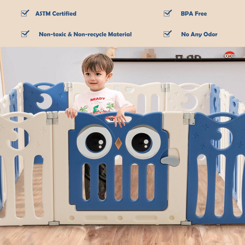 Gymax Blue and Beige Foldable Baby Playpen with Lock Door