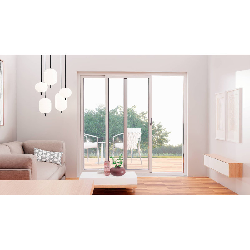Portes coulissantes en métal-plastique pour l'extérieur de patio / Porte de patio gauche en soie blanche 64 "x 80" / Porte de contournement en verre trempé transparent 8166