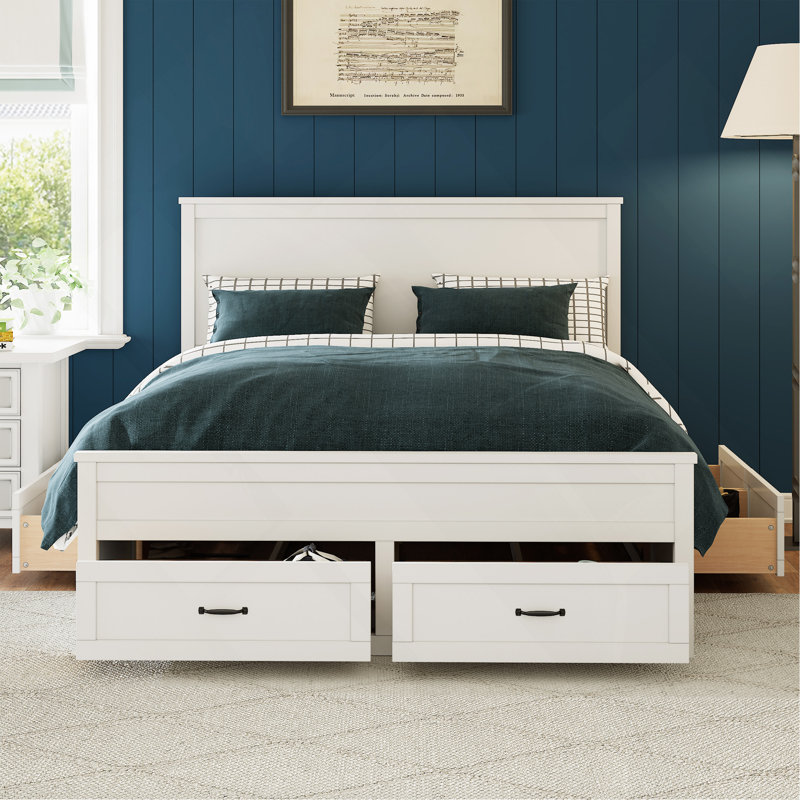 Base de lit moderne avec 6 tiroirs et support de lattes, sans sommier tapissier, blanc, Blanc