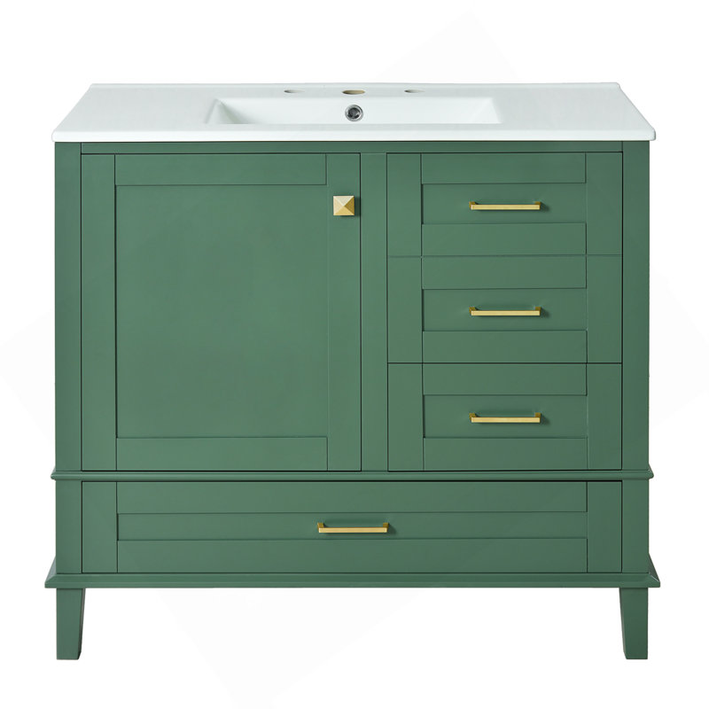 Meuble-lavabo moderne 36 po avec cadre en pin, 1 porte à fermeture douce et 3 tiroirs, armoire de rangement moderne, Vert