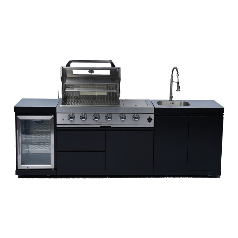 Îlot de barbecue au propane à 4 brûleurs de 98 po avec brûleur latéral, rôtissoire et réfrigérateur et évier