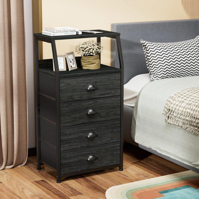 Commode haute 4 tiroirs avec structure en acier robuste - Tour de rangement verticale noire avec plateau en bois