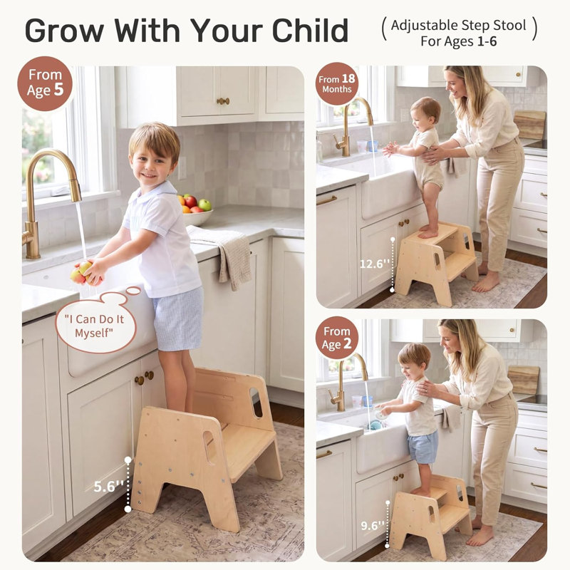 Escabeau pour tout-petit, 3 tabourets réglables en bois pour enfants