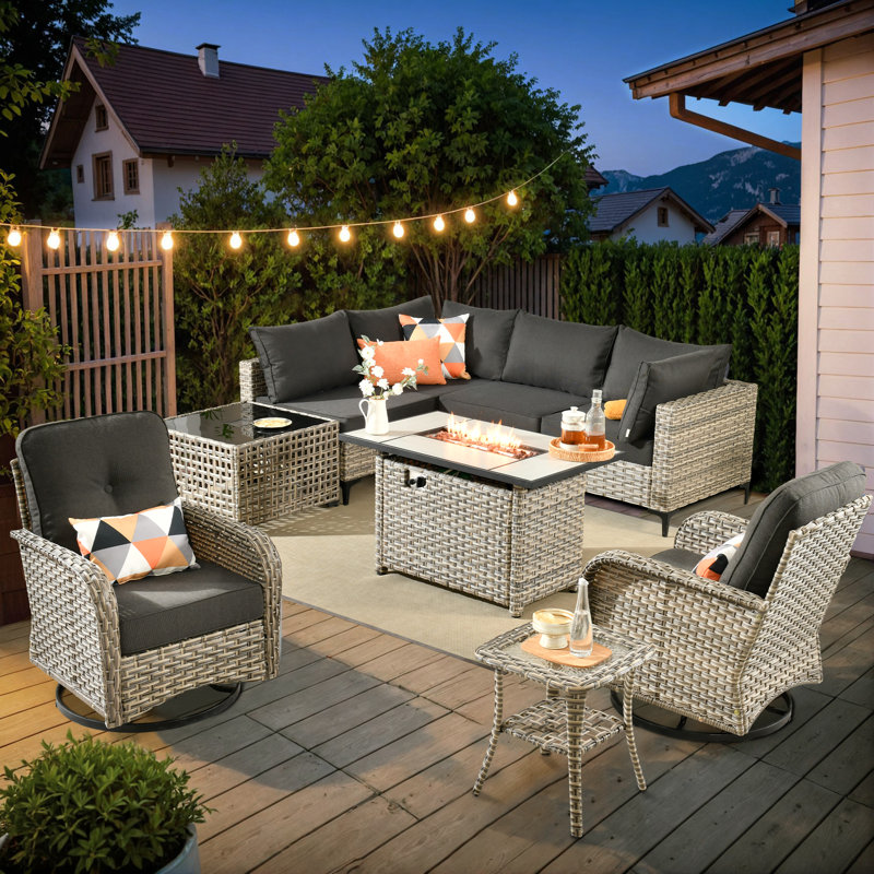 Emroy 6 - Person Outdoor Wicker Sectional Seating with Swivel Chairs, Modern Modular Rattan Conversation Set with Cushions