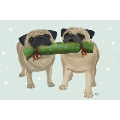 Christmas Pug Pair and Cracker 1 Piece Wrapped Canvas Painting