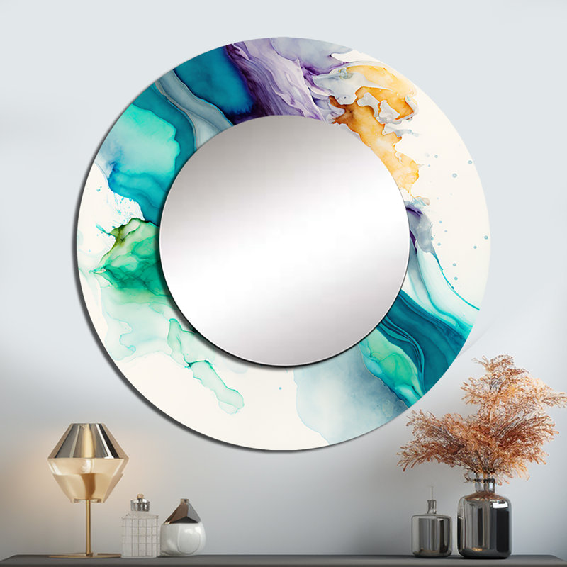 «Tropical Turquoise Joyfulness III», miroir à encre liquide, miroir mural rond bleu, impression sur métal, 23 po x 23 po