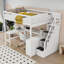 Lit mezzanine double en bois avec bureau intégré en L et tablettes de rangement-736207568