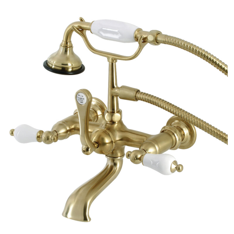 Kingston Brass Aqua Vintage Three-Handle 2-Hole Tub Wall Mount Clawfoot Tub Faucet with Hand Shower, Brushed Brass