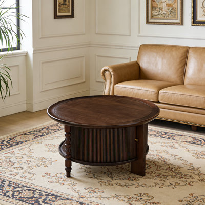 Table basse ronde avec rangement en noyer foncé