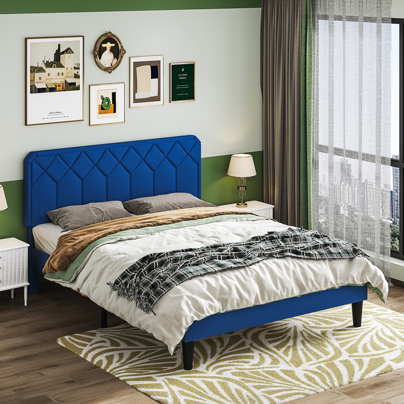 Full Platform Bed Frame with Velvet Upholstered Headboard and Wooden Slats Support, Mattress Foundation/No Box Spring Needed