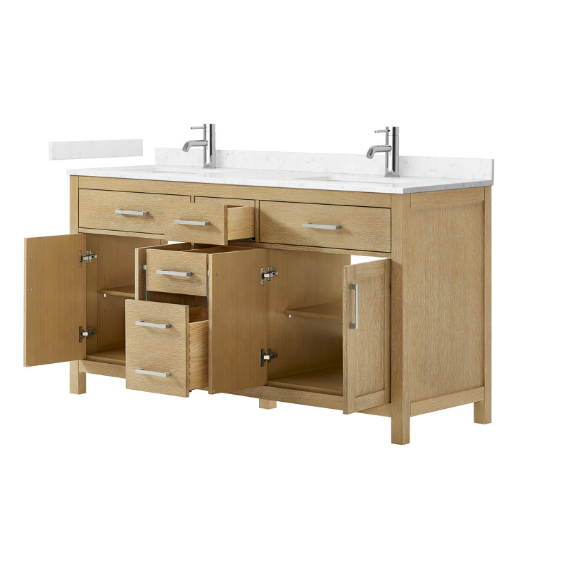 Beckett 66" Freestanding Double Bathroom Vanity with Cultured Marble Top, Whitewashed Oak, Brushed Nickel