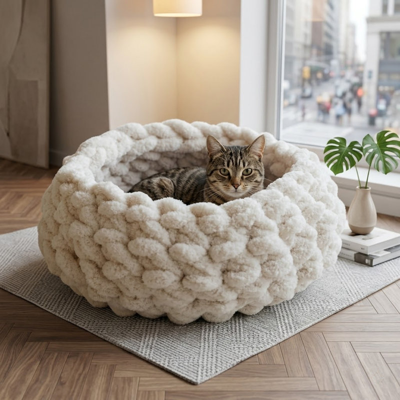 Lit gigogne pour chat - Maison grotte ronde très douce, lavable à la main, lavable à la main de première qualité pour chatons et chats d'intérieur, petites et grandes tailles, blanc nuage, moyen