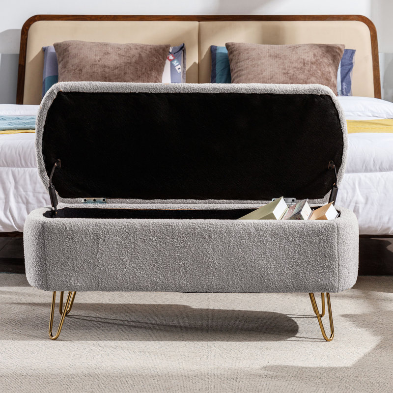 Practical Entryway Storage Seat In Grey Faux Fur With Gold Living Room Bench, Gray
