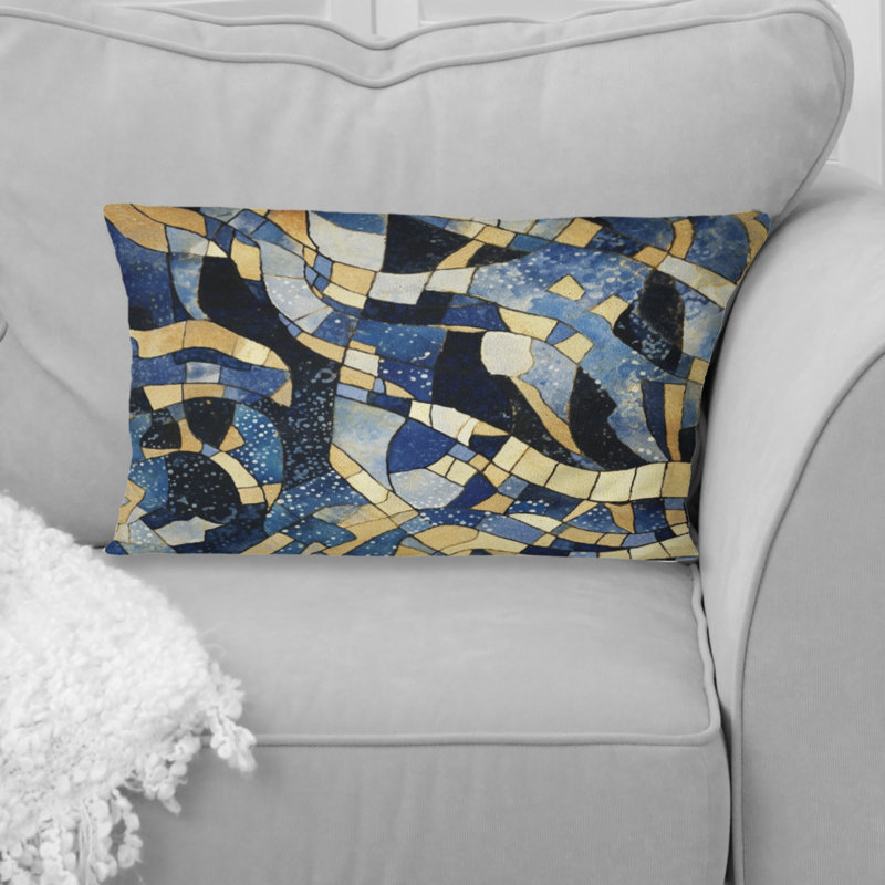 Coussin décoratif à motif abstrait abstrait avec textures bleues et dorées XVII