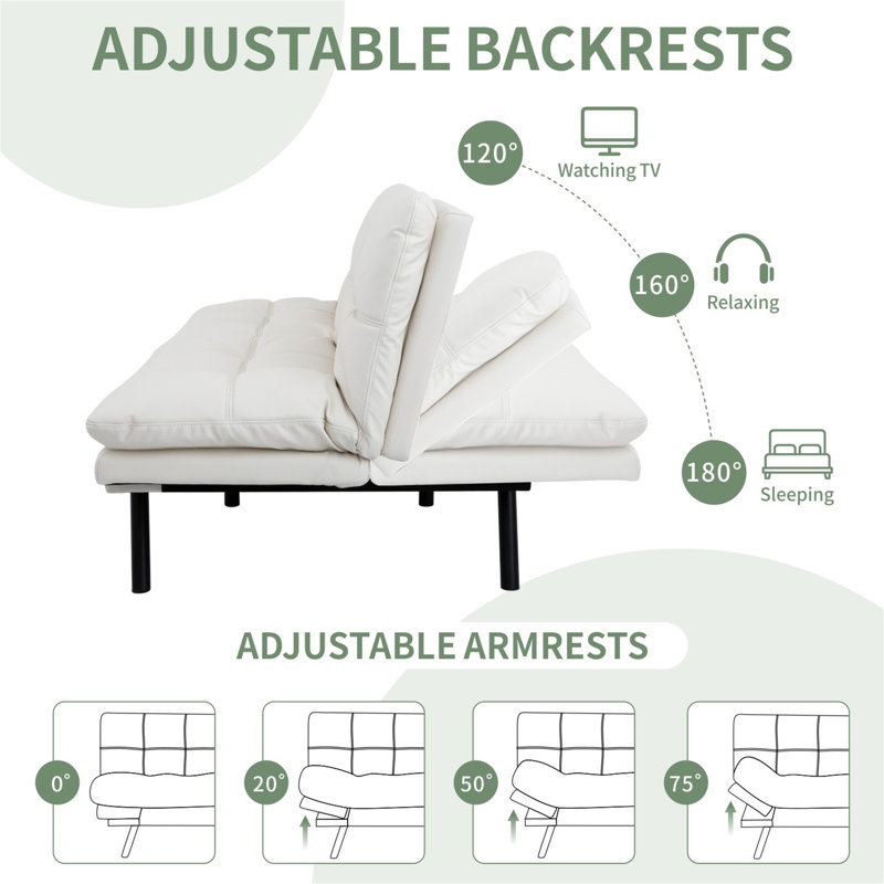 Alan 71" Upholstered Convertible Sofa With Adjustable Arms And Backs, White