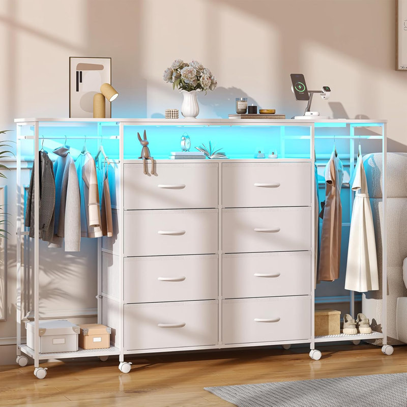 59.1" W Dresser for Bedroom with Hanging Rack, 8 Drawer Dresser with LED Lights & Charging Station, Fabric Dressers with Portable Wheels,Metal Frame, Wooden Top