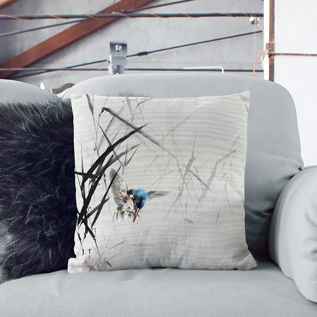 Bird Catching a Fish by Watanabe Seitei Cushion with Filling