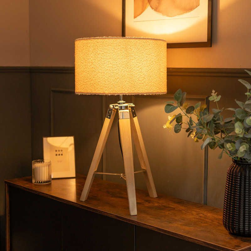 Plamond Light Wood Tripod Table Lamp with Cream Boucle Reni Shade and 6W LED GLS Bulb, Yes, Cream
