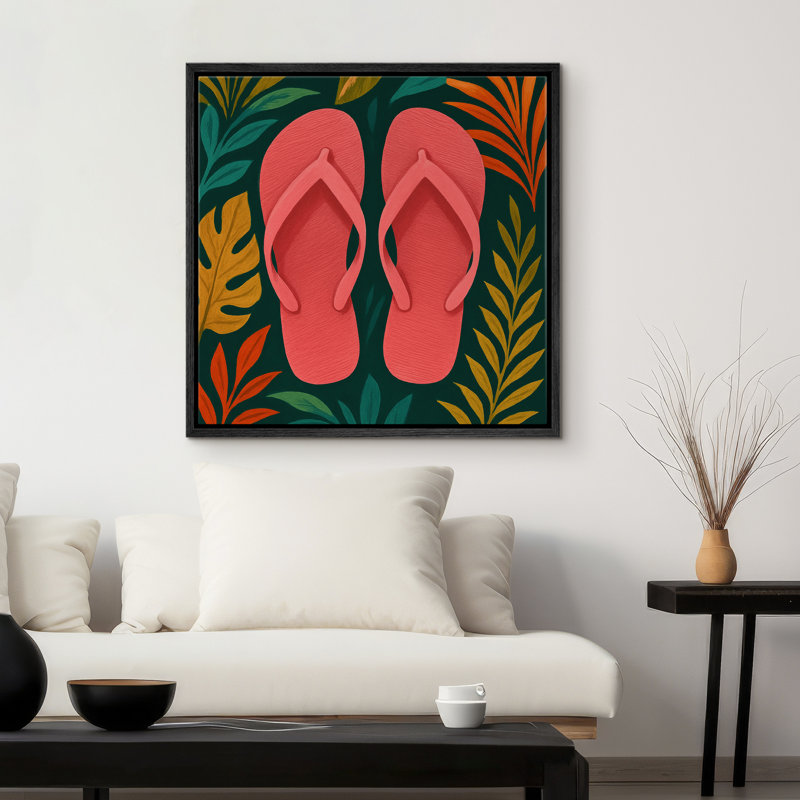 «Tropical Leaves with Flip Flops», reproduction d'art sur toile encadrée, H 16 po x l 16 po, Noir