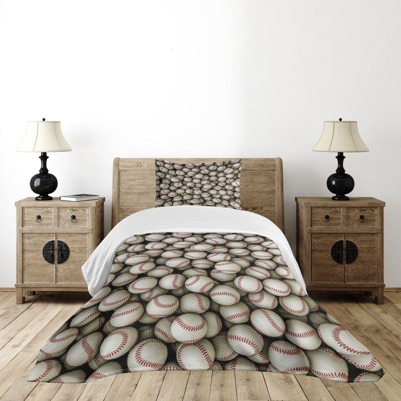 Twin White Polyester Baseball Print Bedspread Set