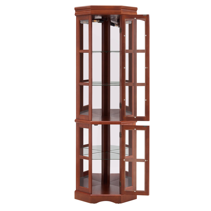 Walnut Finish Corner Cabinet With 5 Shelves And Lighting Accessory Walnut Interference, Walnut