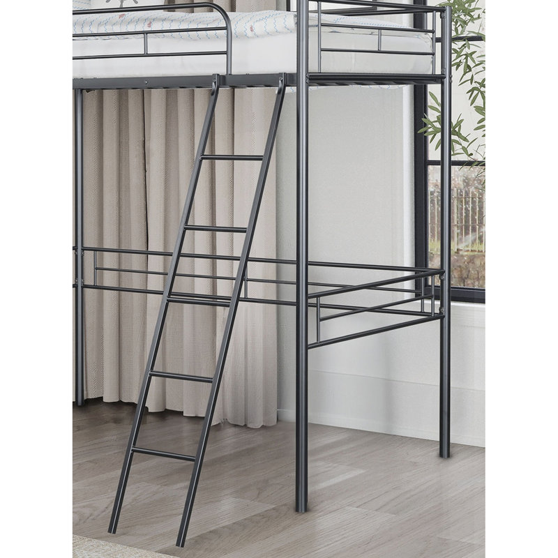 Lit mezzanine simple contemporain avec aire ouverte en dessous, structure en métal noir, angle attaché, fabrication complète, prêt pour le matelas, assemblage simple requis, style métal, espace au sol