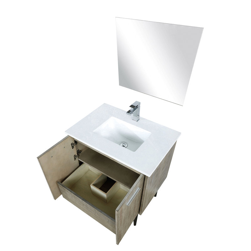 Rustique 30 po W Meuble-lavabo avec comptoir en quartz blanc, robinet et miroir à contrôle tactile de 28 po de large pour comptoir, armoire à pharmacie