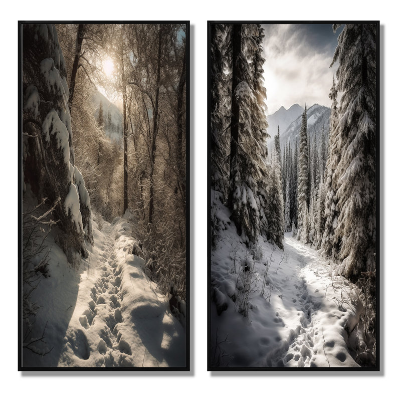 «Frosty Snow Forest Path», 2 pièces, H 32 po x l 32 po, Cadre noir