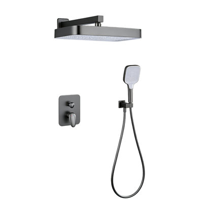 Système de douche encastré gris brossé 0Ontz, ensemble de douche mural en laiton massif à 2 fonctions, grande douche de pluie carrée à haute pression et douche à main carrée à 3 modes, ensemble de garniture de mélangeur d'eau chaude et froide à deux poignées pour la salle de bain