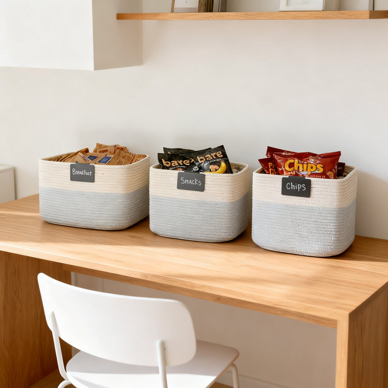 Paquet de 3 bacs de rangement de 13 pouces, paniers en tissu de corde de coton tissé pour organiser les jouets, les tablettes, le placard et la chambre de bébé, récipients de rangement carrés robustes avec poignées renforcées