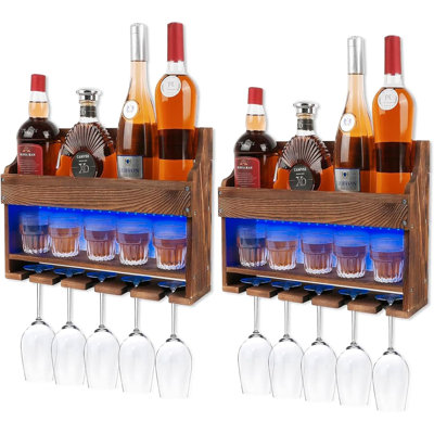 2 Pack Wooden Wine Rack Wall Mounted with LED Light, Wall Wine Rack, Bar Liquor Shelf, Wine Glass Holder Wall Mounted, Floating Bar Shelves