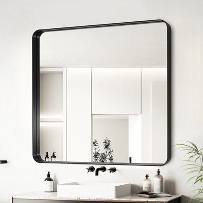 36X36 Inch Black Aluminium Framed Vanity Bathroom Mirror - Clear Reflection, No , Alloy Frame, Rust, Proof Membrane, Z Bar Bracket For Hanging, Safe P
