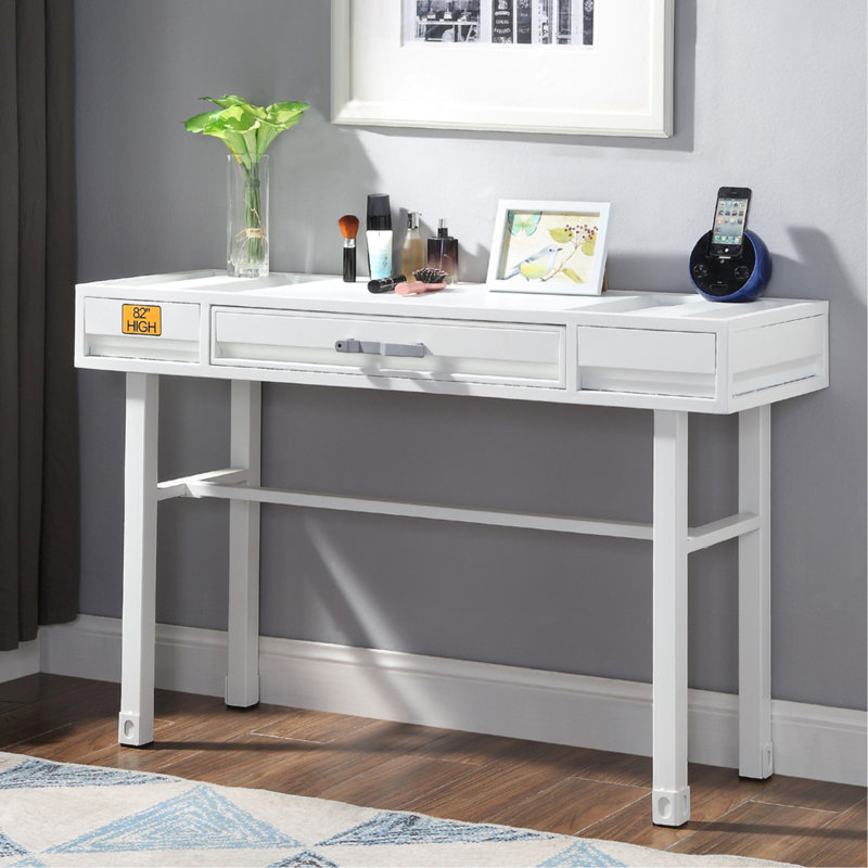Metal Vanity Desk With One Drawer, White - Recessed Panels, Frame, Straight Legs For Bedroom Arrangement Upgrade A Drawer Panel Design, Utility