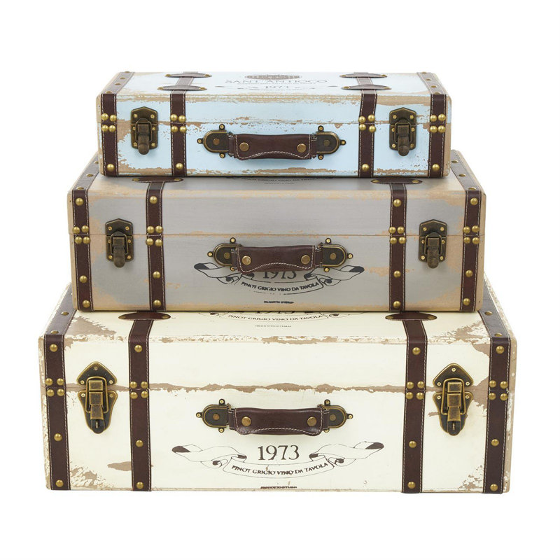 Multi Colored Wooden Nesting Decorative Trunk with Vintage Accents and Studs, Set of 3